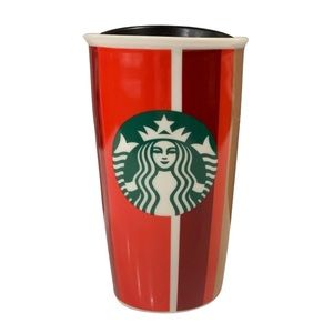 STARBUCKS Red Lidded Tall Striped Coffee Tumbler Lid Travel Reusable Ceramic